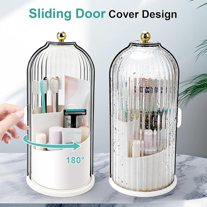 QIYVLOS Toothbrush Holders with Sliding Lid, Rotating 3 Slots Bathroom Organizer Countertop, Tooth Brush Toothpaste Holder Bathroom Counter Stand Sink Organizer Caddy for Vanity Makeup Brushes Holder