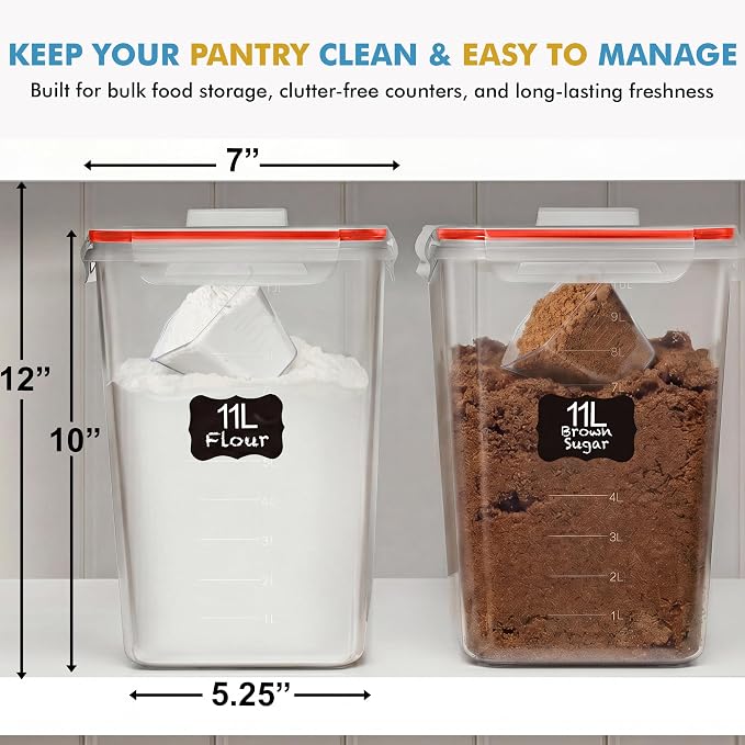 Shazo 2 PC (11L | 372 oz) Flour Sugar Storage Containers with Spout Lid & Easy Carry Handle - BPA Free Extra Large Airtight Food Storage Containers with Lids - Rice Canisters Sets for Kitchen & Pantry