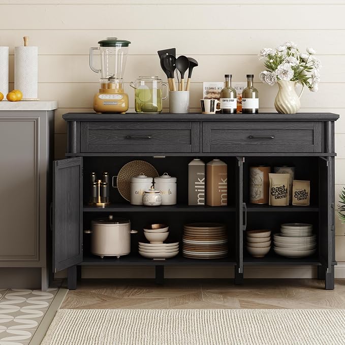 55 Inch Buffet Cabinet with Storage, Farmhouse Sideboard Buffet w/2 Drawers and 3 Doors, Wood Coffee Bar Cabinet with Adjustable Shelves, Sideboard Storage for Kitchen, Living Room, Black