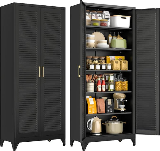 75" Tall Black Metal Storage Cabinet with Doors, Heavy Duty | Freestanding Louvered Door Kitchen Pantry Cabinet, 5 Shelves (180 Lbs Load), Tall Steel Cabinets for Home and Office