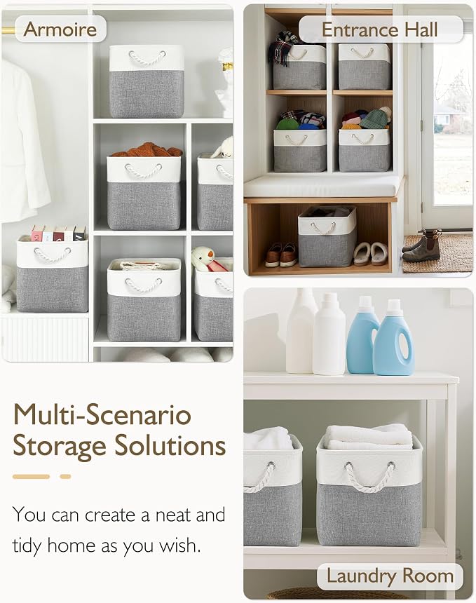 Patvingot 11-Inch Fabric Cube Storage Bins with Handles,4 Pack,Foldable | For cube shelves and closets,keeps grouped for everyday access,reinforced opening and fold-flat storage,white and gray