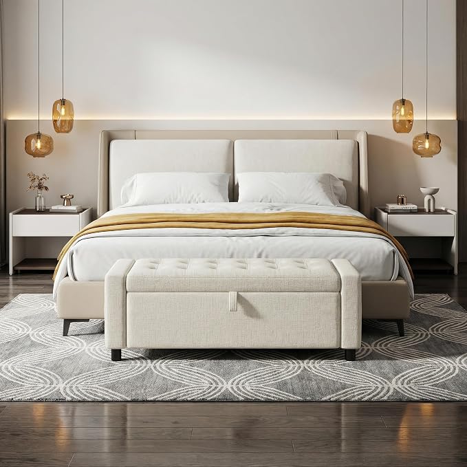 Amada 46" Ottoman with Storage, Side Pocket, Safety Hinge, Beige | 30 gallon (112 liter) hidden storage, holds 400 lbs, 0.35" thicker wood panels, 3.14" thick foam, for end of bed, living room