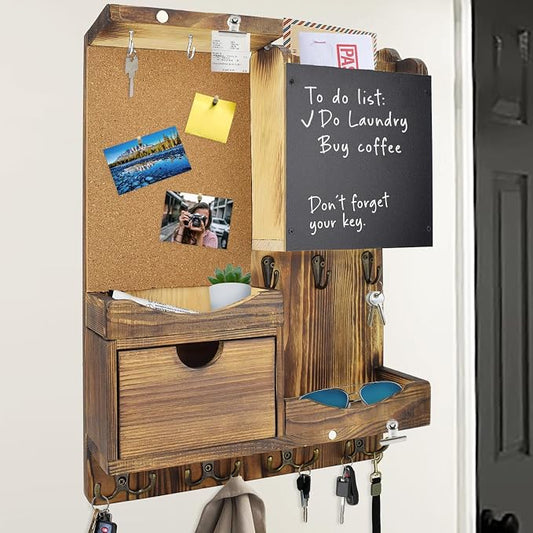 Key Holder Wall Mount， Mail Organizer Key Holder for Wall with Shelf, Drawer, Chalkboard, Corkboard, Home Decor Wall Mounted for Room Entryway(Natural Wood)