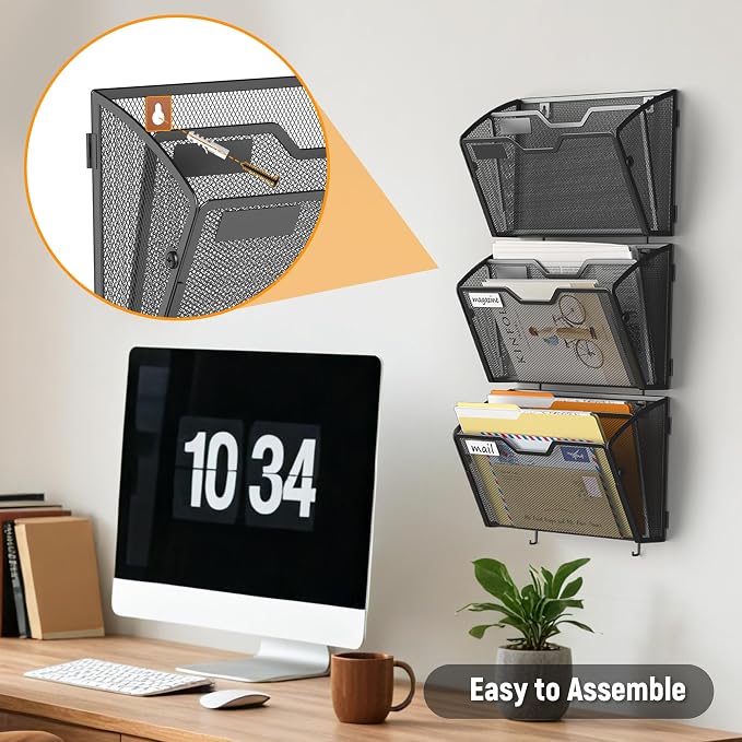 Docnest 3 Pack 2 Tier Mesh Wall File Holders with Hooks for Mail, Black | Space-saving vertical design with utility hooks. Ideal paper document organizer for office, home, and school