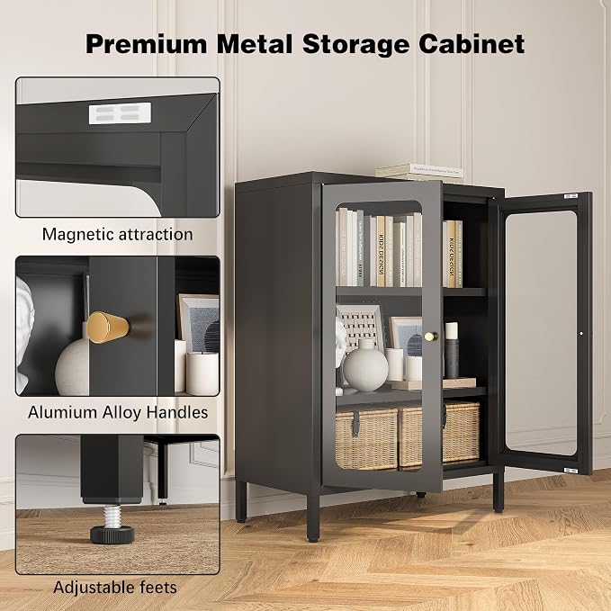 Small Display Cabinet with Glass Doors, 12" Deep Small Curio Showcase with Two Glass Doors, 23.6" Wide Metal Floor Storage Cabinet for Collectibles Books China for Entryway, Home Office, Living Room