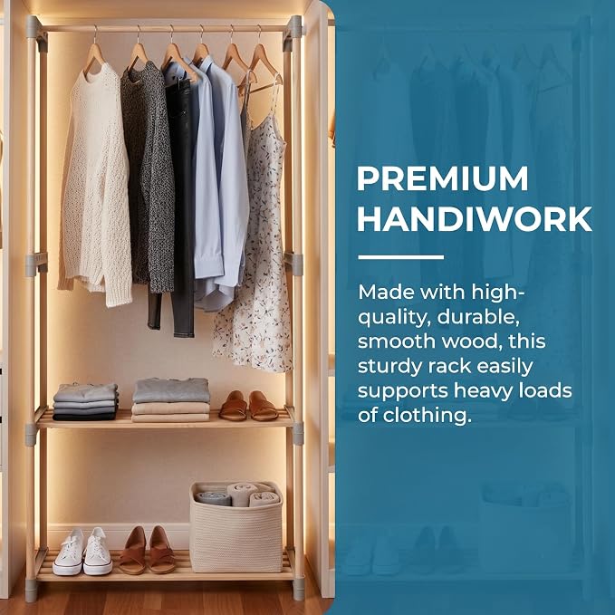 Honey-Can-Do Wood Garment Rack with 2 Shelves, Freestanding, Natural | Natural wood clothing rack with rod + 2 slatted shelves. Tool-free setup for bedroom, entryway & laundry. Holds up to 55 lb.