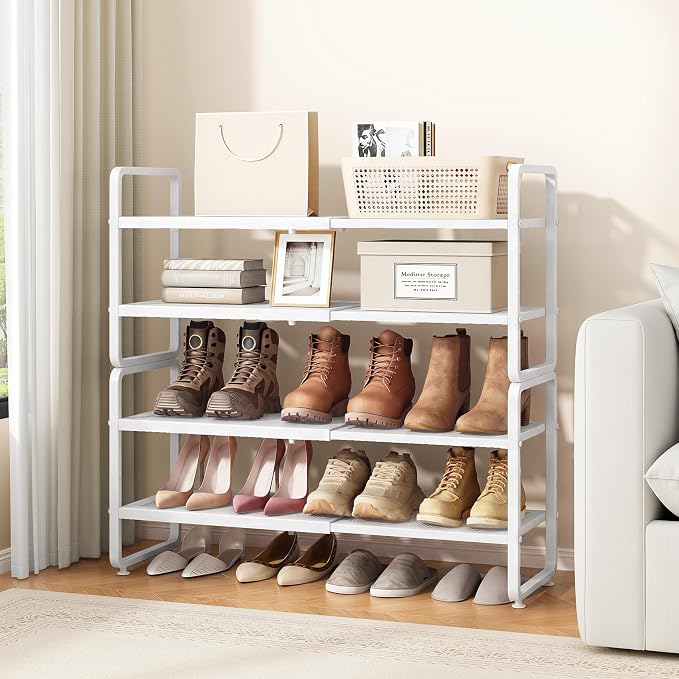 SAYZH Expandable Shoe Rack for Closet, Adjustable Metal Shoe Organizer with Sturdy Mesh Shelves for Boots & Heels, Stackable Shoe Storage for Entryway, Garage, Small Spaces (White, 4-Tier)