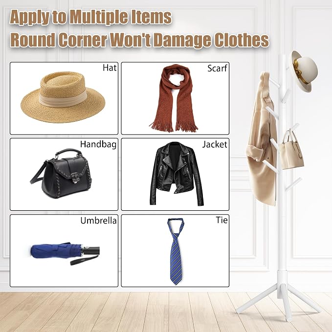 Aliphon Wooden Coat Rack Stand, Freestanding Coat Rack with 8 Hooks, 3 Adjustable Size Coat Tree for Hats, Coats, Scarves bags, Coat Hanger Stand Used in Bedroom/Office/Entryway, 2 PCS (White)