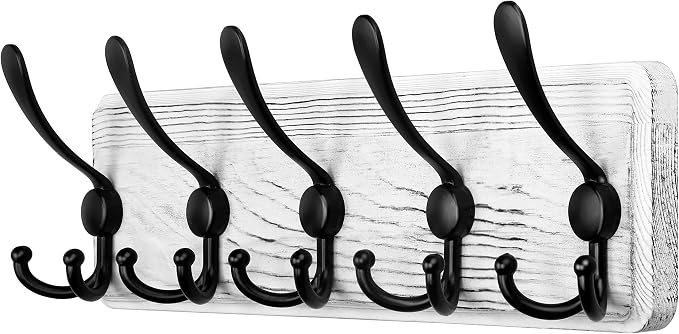 SKOLOO Rustic Wall Mounted Coat Rack: 16" Stud Spacing, Pine Real Wood Plank Wall Coat Rack with 5 Triple Hooks, Farmhouse Coat Hanger Wall Mount for Hanging Backpack Jacket Coat Hat