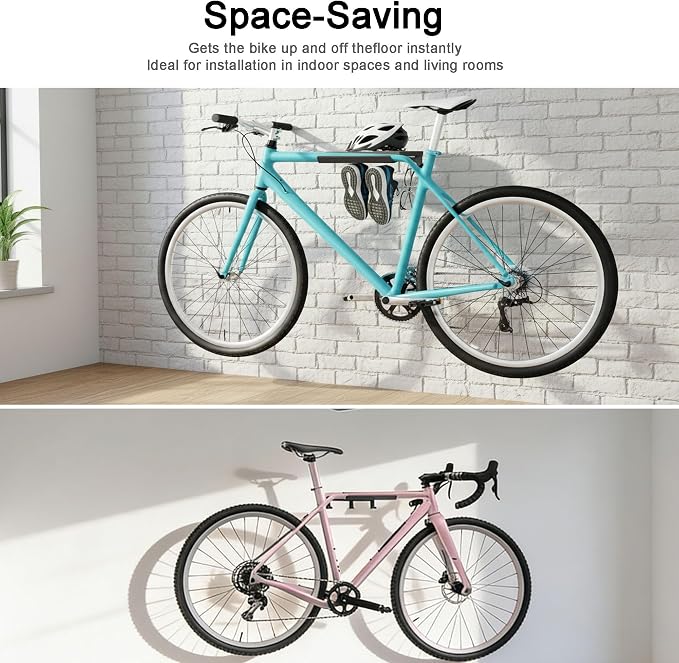 Bike Wall Mount Horizontal Indoor Rack with Holds a Helmet and Shoes | Heavy Duty Wall Bike Mount Space Saving for Road, Mountain and Hybrid Bikes in Garage, Easy to Use
