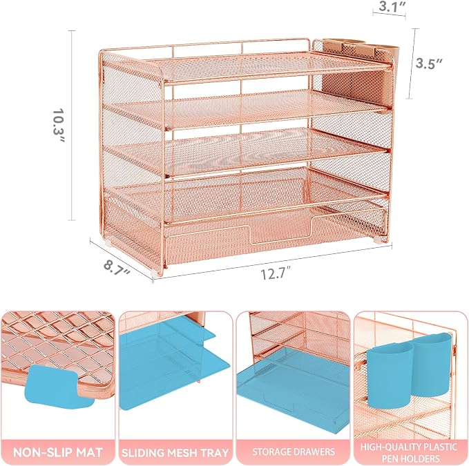 LEKETREE Desk Organizer and Accessories, 5-Tier Paper Letter Tray Organizer with Drawer & 2 Pen Holders for Desktop File Organization, Office Desk Accessories for Supplies Storage (Rose Gold)