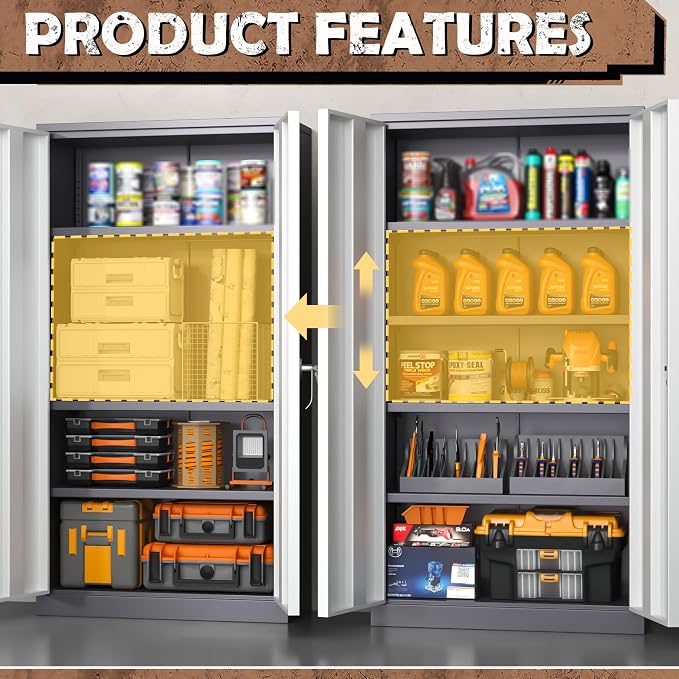 INTERGREAT Metal Storage Cabinet, 72” H Storage Cabinet with 2 Doors and 4 Adjustable Shelves for Office, Home, Garage, Pantry (Assembly Required, Grey White)