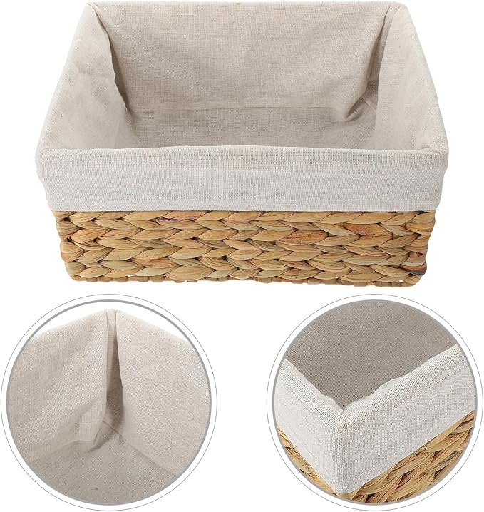 Toyvian Woven Storage Basket with Liner, Handwoven Straw and Seagrass Desktop Organizer, Decorative Sundries Container for Home Shelves and Household Storage