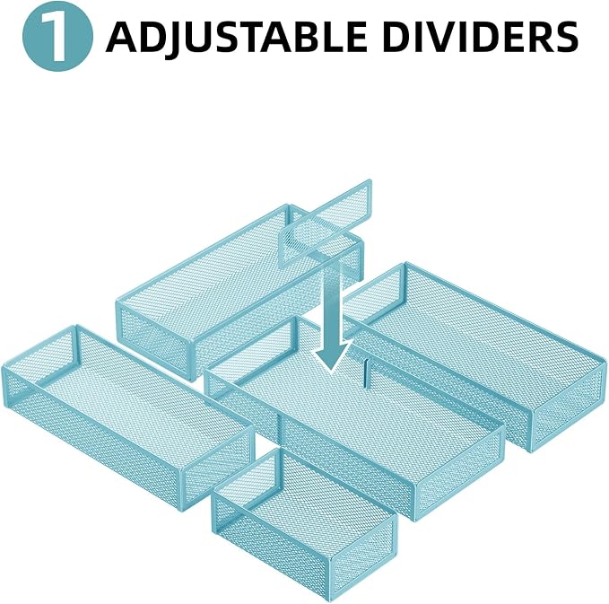 Marbrasse 5 Pack Desk Drawer Organizer Set, Mesh Drawer Storage Trays with 1 Adjustable Divider, Desk Organizers and Accessories, 5 PCS Drawer for Office Supplies, Makeup & Vanity (Blue)