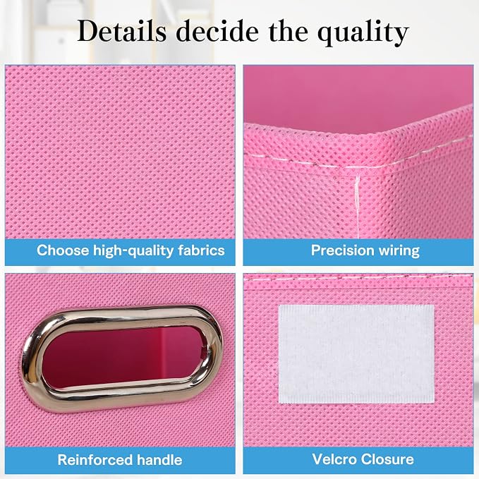 STOREONE Fabric Storage Cube Bins Foldable Organizer Container Collapsible Basket with Lids and Metal Handles, for Home, Bedroom, Closet 8 Pcs (Pink)