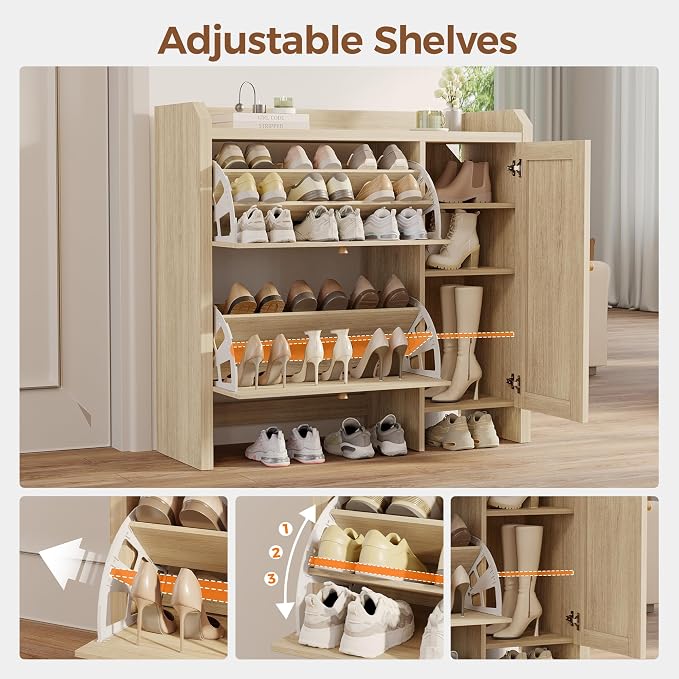 Shoe Cabinet Storage for Entryway with 2 Flip Drawers(3-Tier), Rattan Freestanding with Door & 3 Adjustable Shelve,Hidden Shoe Rack Organizer for Hallway, Foyer