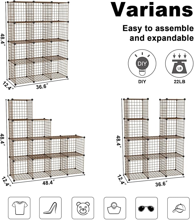 C&AHOME Wire Cube Storage, 12 - Cube Organizer Metal C Grids, Closet, Brown | Modular Shelves Units Storage Bins Shelving Bookshelf Shelf Cabinet