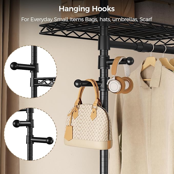 Closet Organizers and Storage, 4-Row Heavy Duty Clothes Rack for Hanging Clothes, Wall Mounted Closet System with 4 Telescopic Rods, 2 Fixed Rods, 5 Hooks, 8 Shelves for Wardrobe, Bedroom, Small Space