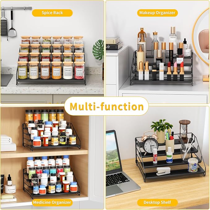 2 Pack Spice Rack Organizer for Cabinet, Depth Adjustable 4 Tier Spice Rack | Black, Metal Spice Organization for Cabinet, Easy Visibility, Tiered Spice Rack Perfect for Cabinet, Pantry and Countertop