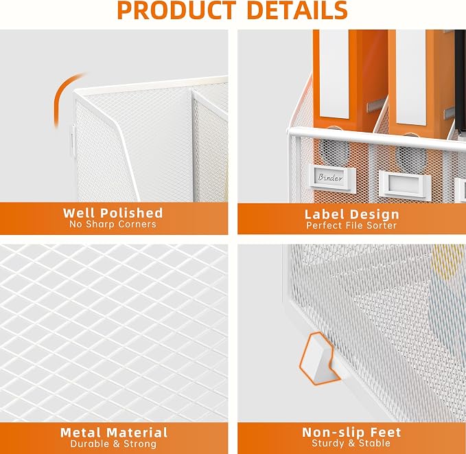 DALTACK 4-Slot Magazine File Holder, Metal Binder Holder, White | Iron Mesh Construction, Labeled Sections for Easy Sorting, Anti-Slip Feet, Binder and Folder Storage for Office, Classroom