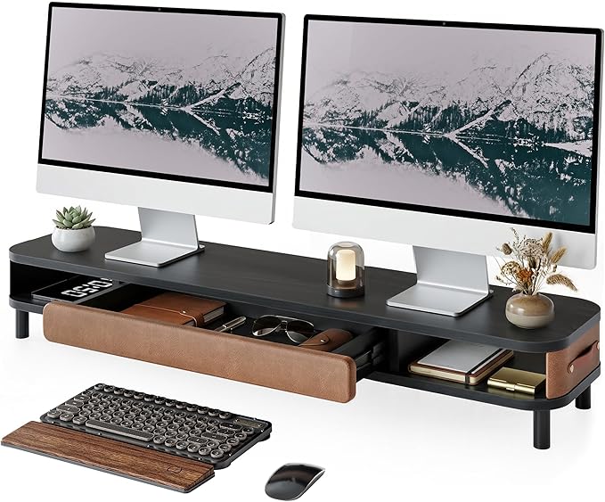 Fenge Dual Monitor Stand with Large Storage Drawer, 42.5" Dsek Shelf, Black | Slide-Out Drawer with Soft Touch Leather, Ergonomic Monitor Riser, Aluminum leg, 2-Tier Desk Organizer for Laptop, TV, PC