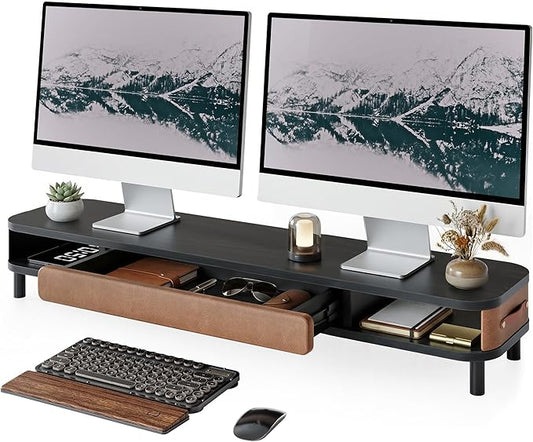 Fenge Dual Monitor Stand with Large Storage Drawer, 42.5" Dsek Shelf, Black | Slide-Out Drawer with Soft Touch Leather, Ergonomic Monitor Riser, Aluminum leg, 2-Tier Desk Organizer for Laptop, TV, PC