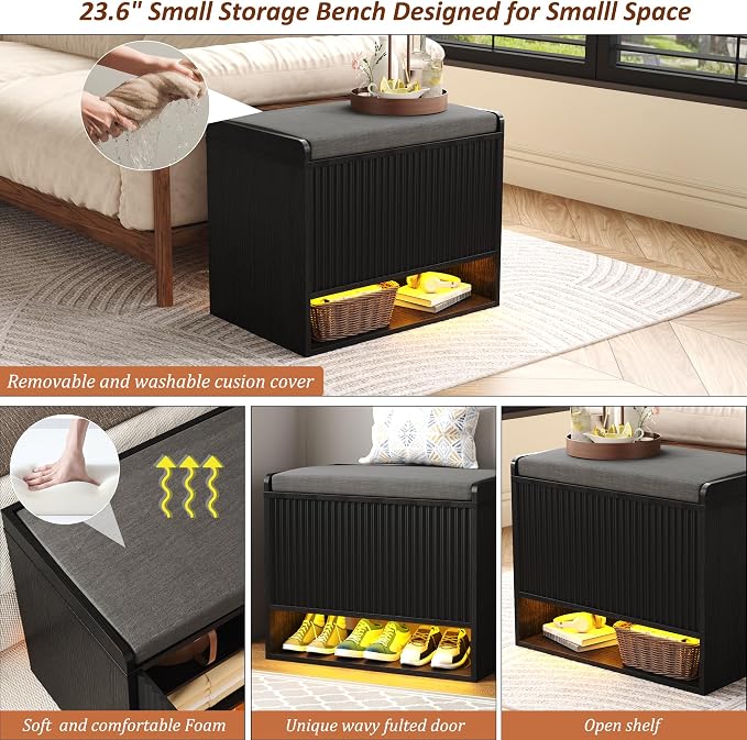 HOMEFORT 23.6" Fluted Shoe Storage Bench, Small Entryway Bench with Linen Seat Cushion, Shoe Cabinet Bench with Adjustable Shelf and Built-in LED Sensor Light, Bench for Bedroom End of Bed,Black