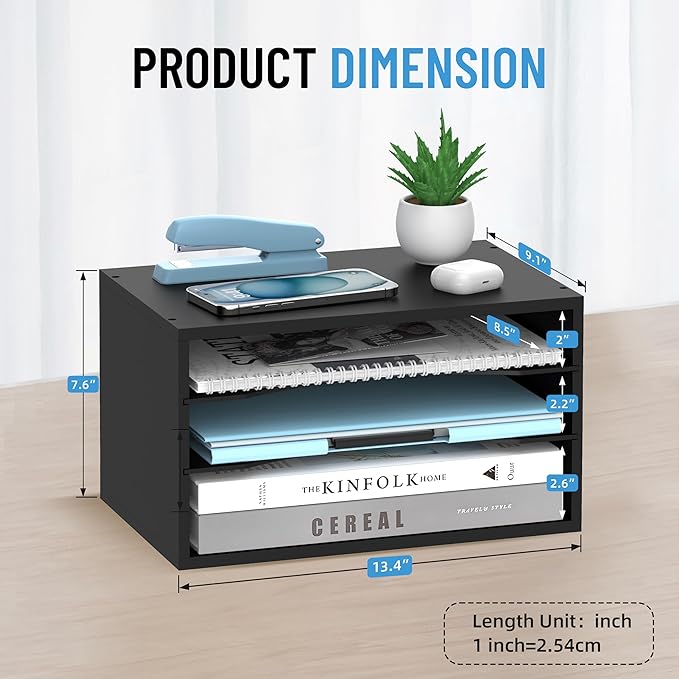 3-Tier Paper Organizer for Desk, Adjustable Mail Organizer, Black | 3-Tier Paper Organizer and Mail Organizer for Desk with Adjustable Shelves for Letter Size Files Folders and Office Supplies