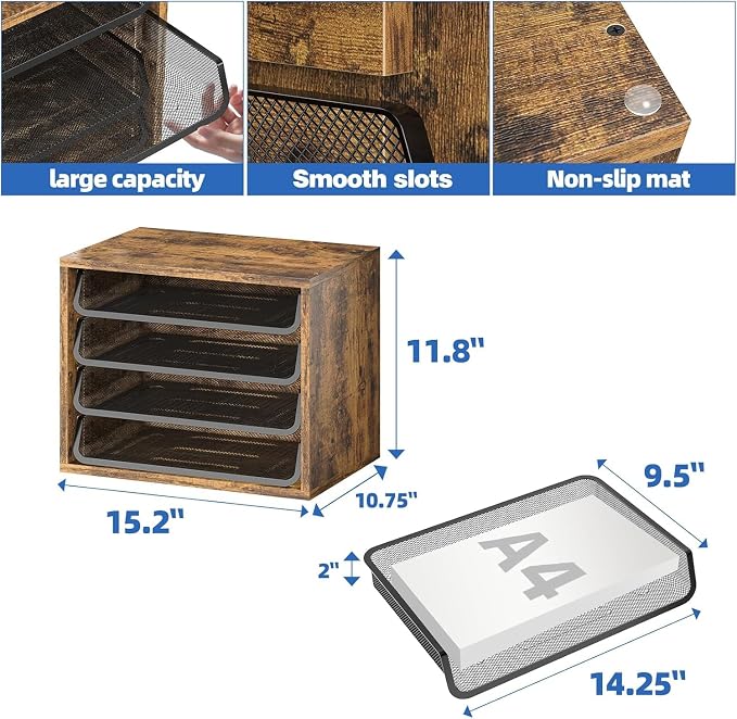Simple Trending 4-Tier Desk File Organizer, Paper Organizer, Rustic Brown | Adjustable Letter Trays, Wood Desktop File Sorter, Farmhouse Style, for Office Home Classroom, 10.75"D x 15.2"W x 11.8"H