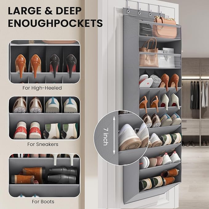 Mefirt 16-20 Pairs Over the Door Shoe Organizer, Clear Pockets Shoe Rack for Closet Door, Hanging Shoe Rack for Boots, Behind the Door Shoe Holder Fit All the Family's Sneakers, Boots, Heels, Grey