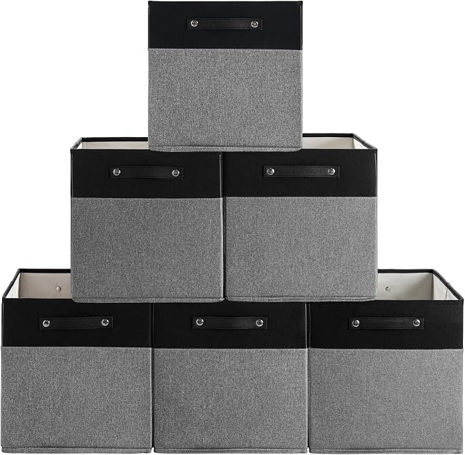 FinishingBo 13x13x13 Storage Cube Bins 6 Pack, Cube Shelf Baskets | Foldable Storage Cubes, Linen Storage Bins with Handles, Closet Organizers, Black/Gray
