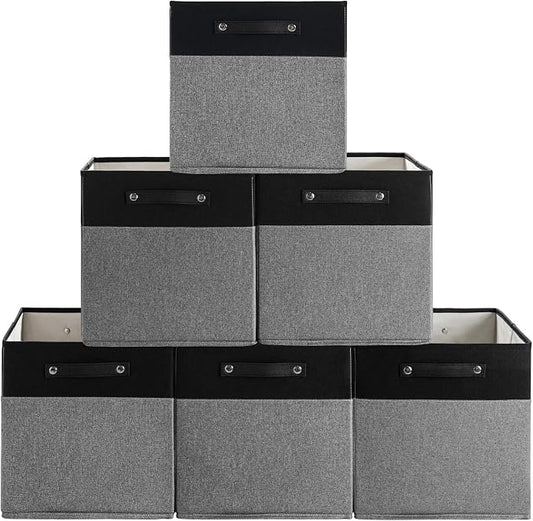 FinishingBo 13x13x13 Storage Cube Bins 6 Pack, Cube Shelf Baskets | Foldable Storage Cubes, Linen Storage Bins with Handles, Closet Organizers, Black/Gray
