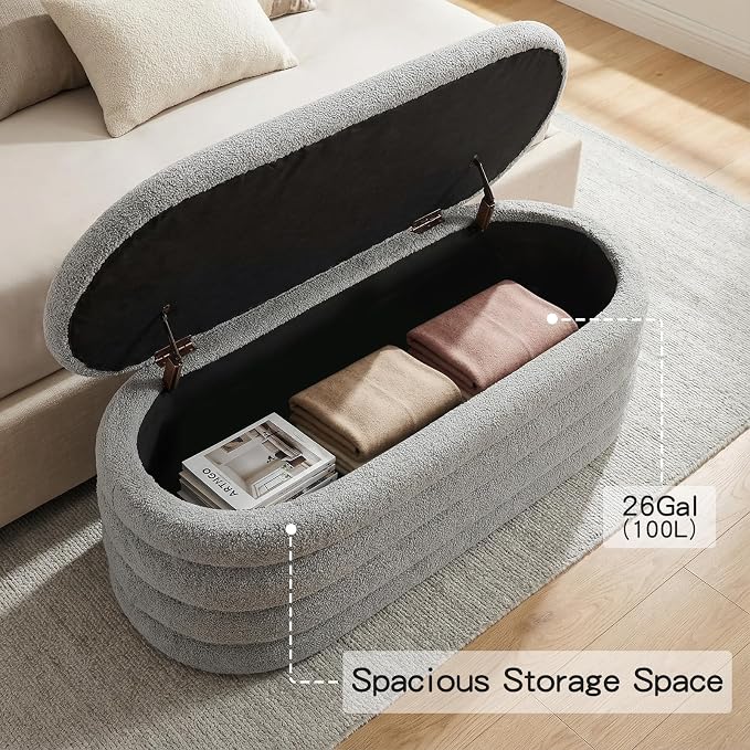 Storage Ottoman Bench, 45'' Upholstered Boucle Ottoman with Storage, Aesthetic Bedroom Bench for Living Room Entryway, Grey