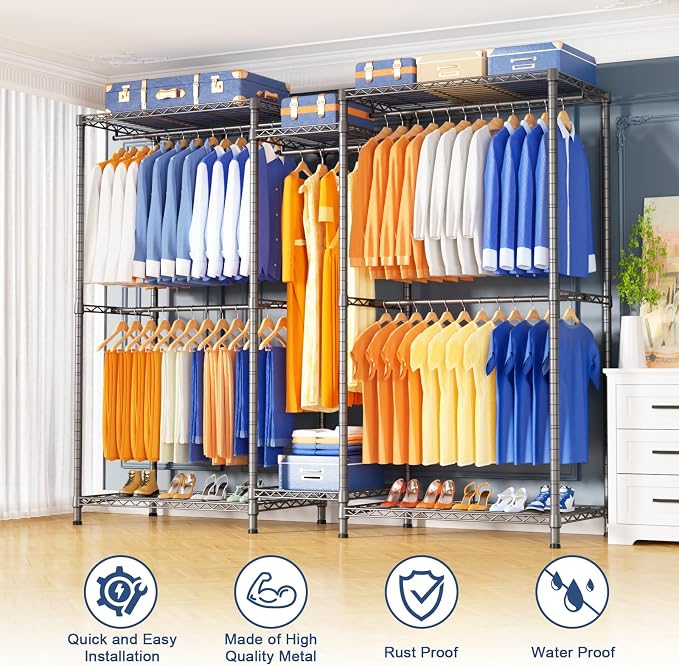 E12 Pro Clothes Rack，Heavy Duty Freestanding Garment Rack with Shelves，Metal Clothing Closet Storage System for Hanging Clothes，71" W x 16" D x 76.5" H, Hold 960 lbs，Grey