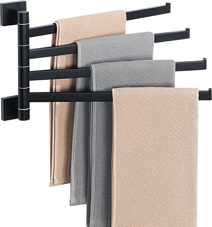 Alise 4 Arm Swivel Towel Rack, Matte Black Swivel Out Towel Bar, 13.6 Inch | Space Saving Swing Arm Towel Rack for Bathroom Kitchen Outdoor, 180° Rotating, SUS304 Stainless Steel