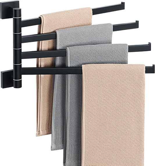 Alise 4 Arm Swivel Towel Rack, Matte Black Swivel Out Towel Bar, 13.6 Inch | Space Saving Swing Arm Towel Rack for Bathroom Kitchen Outdoor, 180° Rotating, SUS304 Stainless Steel