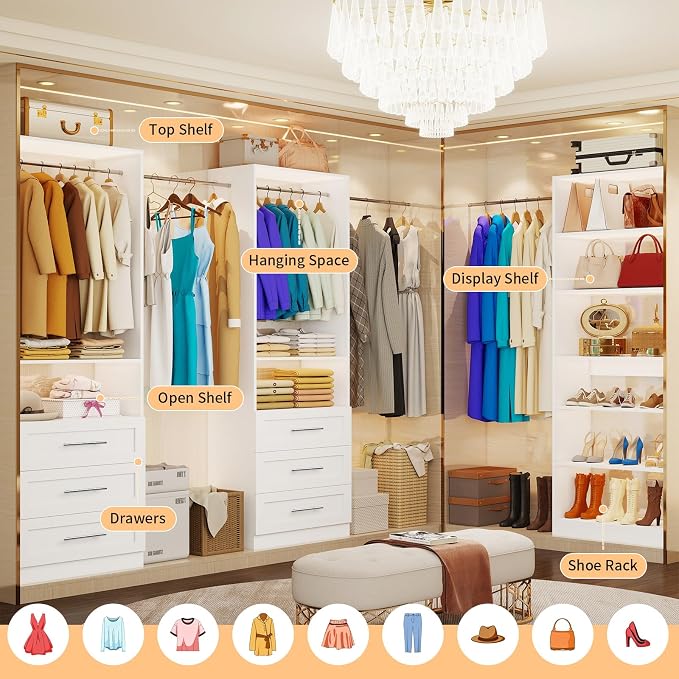 Closet System with 3 Sets, 6-15.8FT Custom Closet Organizer System with 6 Drawers & 8 Shelves & 5 Hanging Rods, Max 189"W Closet Shelving System, Walk in Closet Organizers and Storage System, White