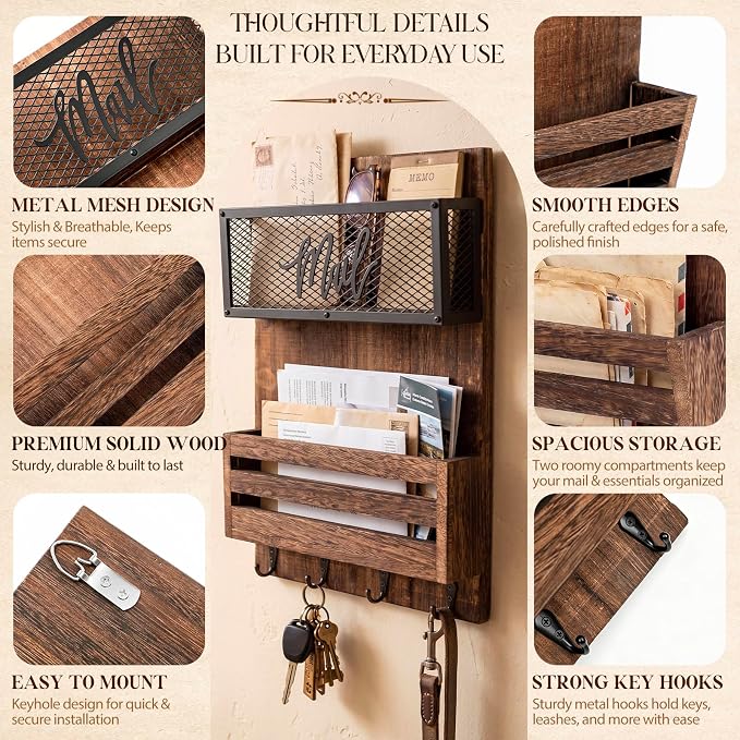 Yalikop Mail Organizer Wall Mount with Key Hooks, 2-Slot Wood Mail and Key Holder, Rustic Farmhouse Wall File for Entryway, Letter and Bill Sorter Organizer for Files, Keys and Magazines