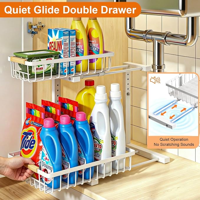Under Sink Organizer, Height Adjustable Under Sink Organizers and Storage, 2 Tier Pull Out Drawer Cabinet Storage for Kitchen Bathroom, 1 Pack, White | cabinet organizer, 5 level adjustable, quiet sliding rails, dual suction and nano tape, no drill, ru...