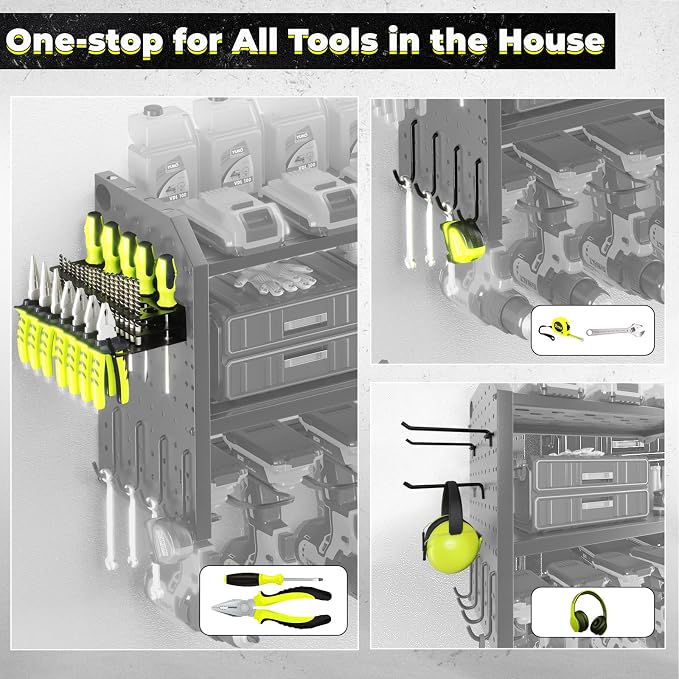 Power Tool Organizer，Large 8 Drill Holder Wall Mount ，Heavy Duty Metal Tool Shelf with 12 Hooks，Storage Rack for Garage Organization，Utility Cordless Drill Holder and Battery Shelves