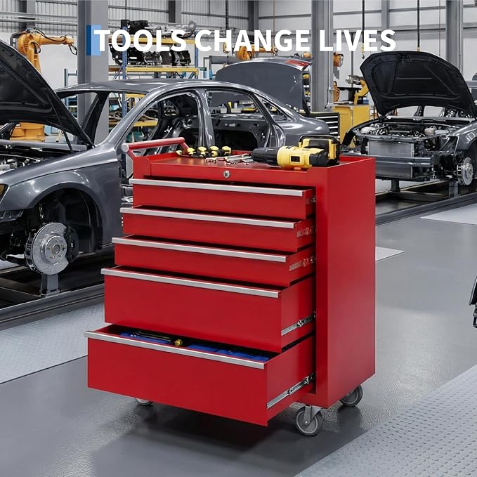 Garvee Rolling Tool Chest, 5 Drawers Tool Storage Cabinet, Toolbox with Wheels, Portable Tool Cabinet Organizer with Locking System & Drawer Liners, Tool Storage Cart for Garage, Workshop, Red