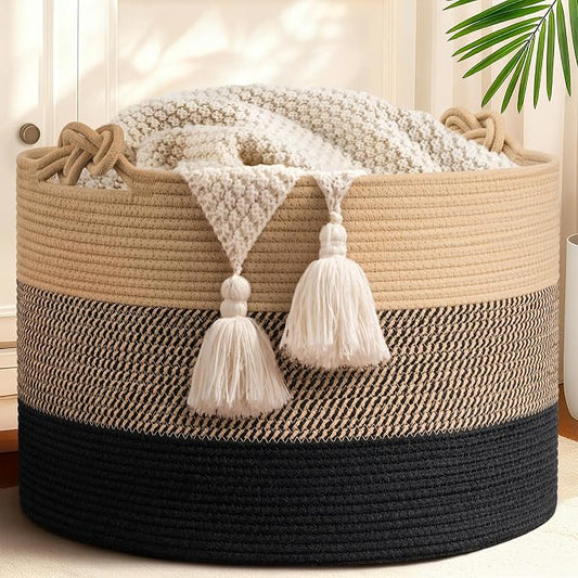 CherryNow 22"x22"x14" Large Blanket Basket, Home Décor for Living Room Bedroom, Decorative Wicker Woven Basket for Clothes, Toy Storage Basket for Kids, Camel Mix & Black
