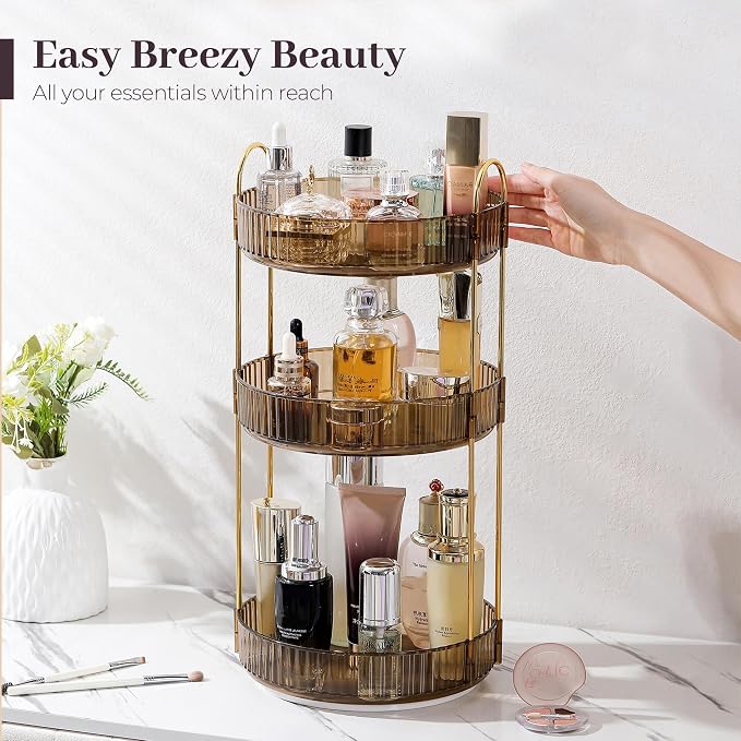 Aveniee Rotating Makeup Organizer for Vanity, 3 Tier Perfume Organizers and Storage for Bathroom Countertop, Clear Spinning Skincare Counter Shelf Holder for Dresser,Brown