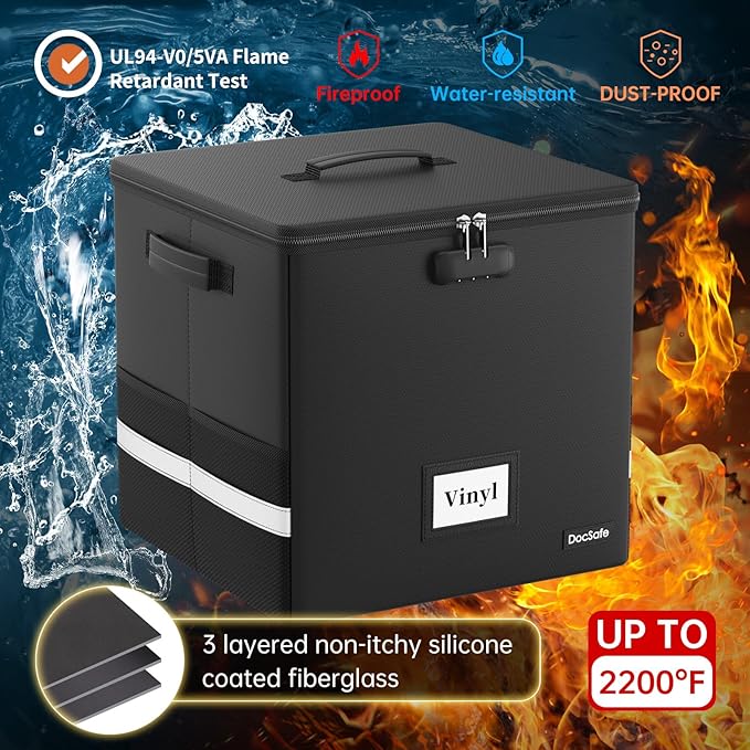 DocSafe Vinyl Record Storage Box with Lock,Fireproof Record Organizer Storage for 100+ Single Records(12-inch), Collapsible Storage Crate with Lid & Handles for Valuable Album Collection,Black,2 Pack