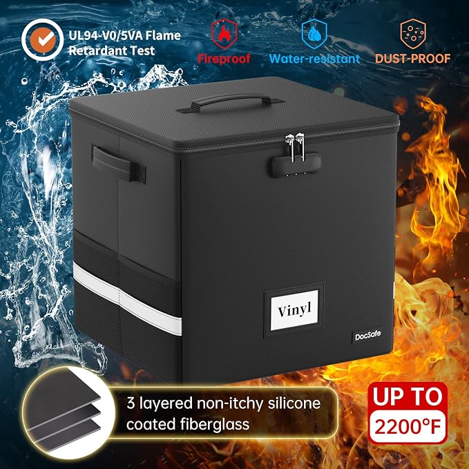 DocSafe Fireproof Vinyl Record Storage Box with Lock,Large Record Organizer Storage for 150+ Single Records,Collapsible Storage Crate with Lid&Handles for Valuable Album Collection,16.1''x13''x13''
