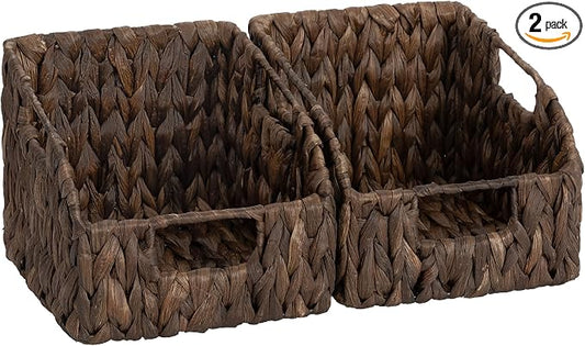 StorageWorks Pantry Baskets for Organizing, Water Hyacinth Storage Baskets for Shelves, Small basket with Built-in Handles, Pantry Organizers and Storage, Brown, Set of 2