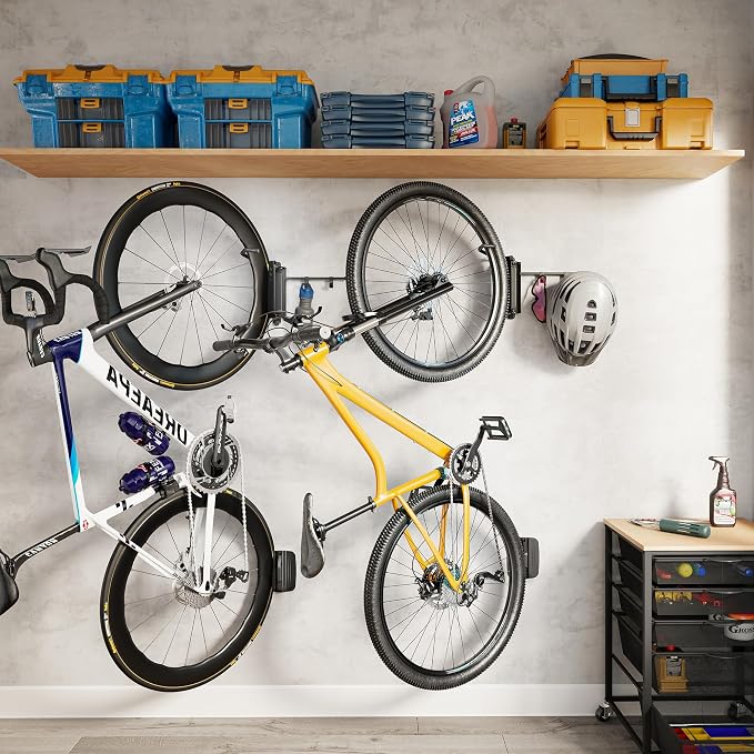 monTEK Swivel Bike Wall Mount with 2 Storage Hooks, Bike Hanger for Garage | Heavy-duty vertical bike storage rack holds 77 lb and swivels to save space; stores bike gear; fits tires up to 3.54 in wide