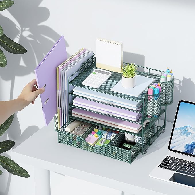 gianotter 5-Tier Desk Organizer with Drawers and File Holders | Letter Trays and Pen Holders - Workspace Accessories for Office Supplies (Green)