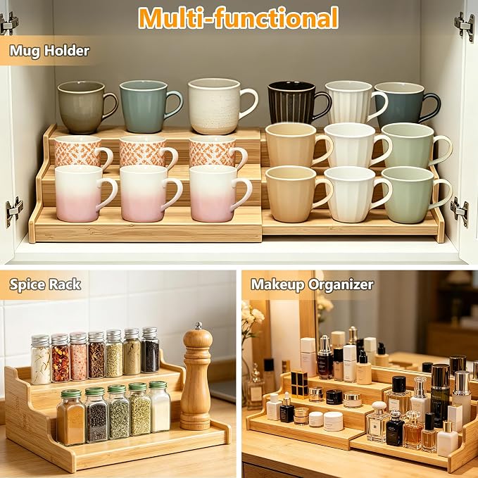 TISTON Expandable Bamboo Can Organizer for Pantry, 3-Tier Adjustable Pantry Organizers and Storage, Spice Rack Organizer for Cabinet, Cup Organizer