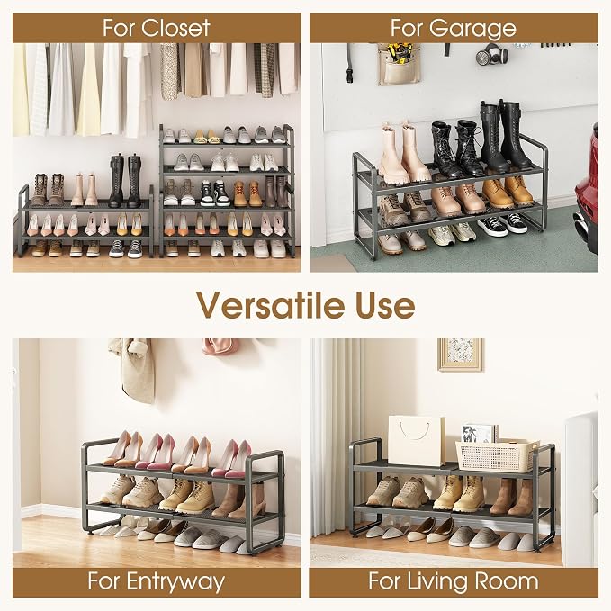 SAYZH 2-Tier Expandable Shoe Rack for Closet, Adjustable Metal Shoe Organizer with Sturdy Mesh Shelves for Boots & Heels, Stackable Shoe Storage for Entryway, Garage, Small Spaces (Grey, 2-Tier)